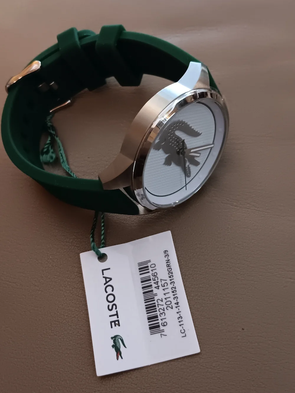 Lacoste Silver Dial Watch with Green Strap and Crocodile Logo
